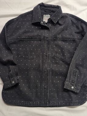 Stoosh Vintage Denim Studded Overshirt Black Snap Front Shacket Jacket Medium